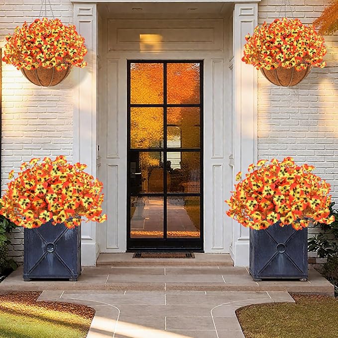 Geegoods Artificial Pansy Flowers Outdoor for Front Door Garden Porch Window Box Patio Home Decor (Orange, 20PCS)