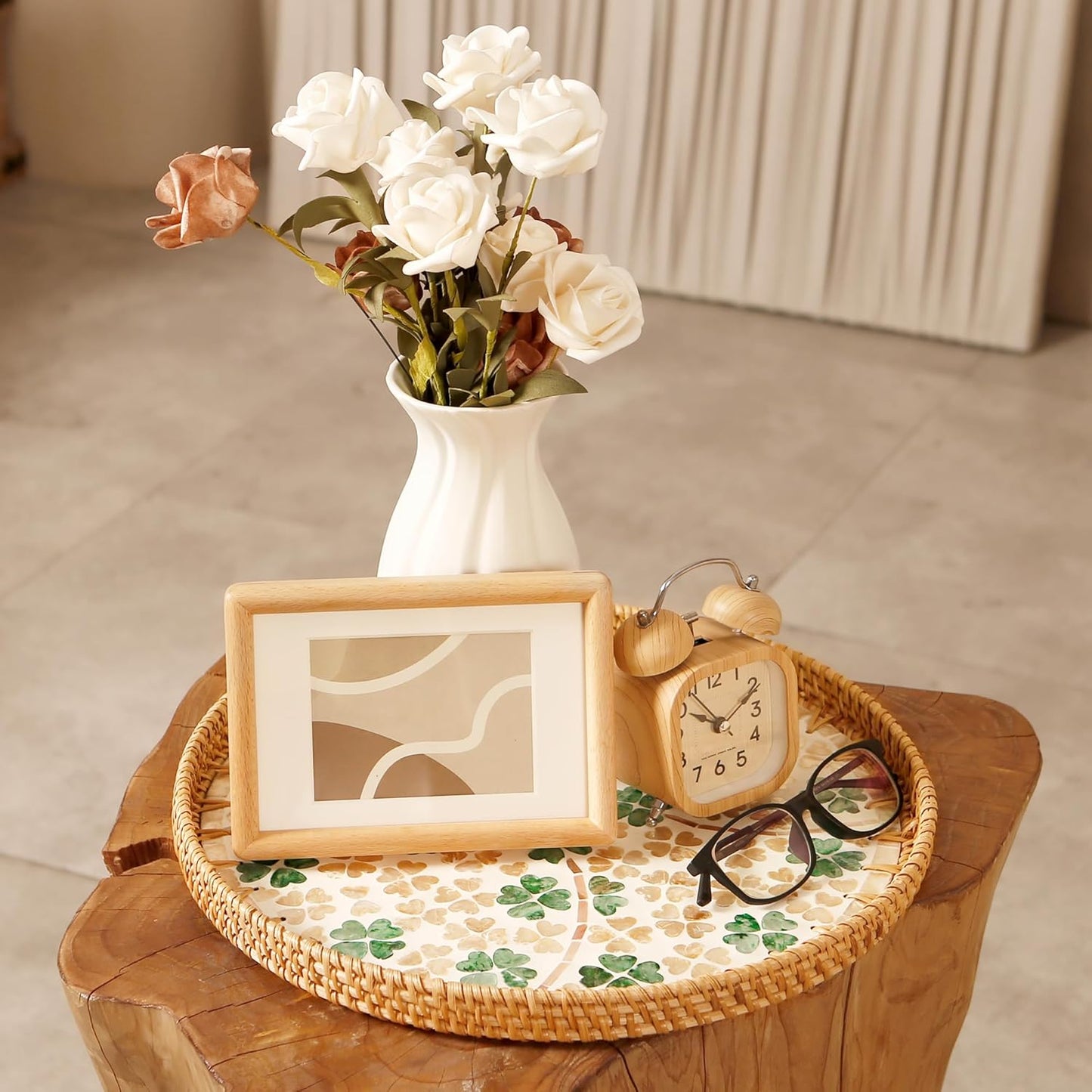 Round Rattan Tray with Mother of Pearl Inlay & Wooden Base - Decorative Wicker Serving Tray for Coffee/Bread/Fruits, Food Storage & Display - Multipurpose Home Decor (M,Four-Leaf Clover)