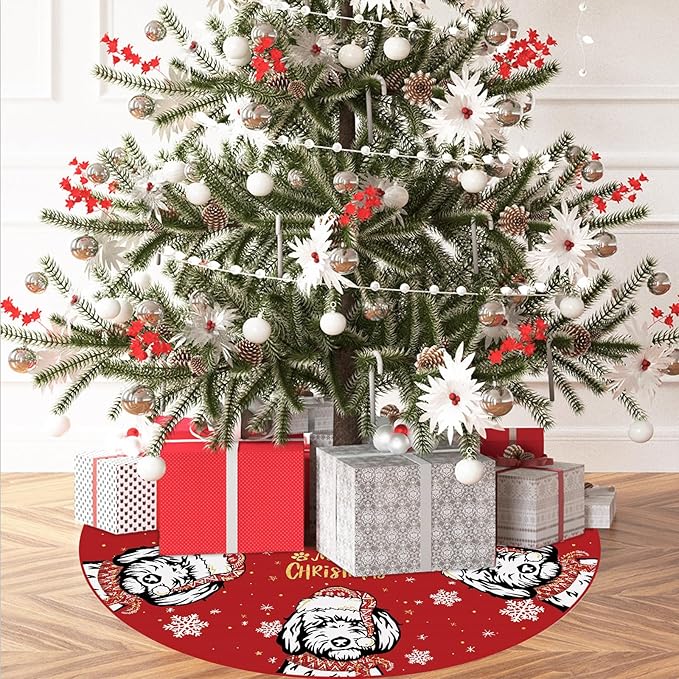 Christmas Tree Skirt Red Tree Skirt Golden Doodle Xmas Winter Tree Skirt 48 Inch for Dog Christmas Indoor Outdoor Decorations