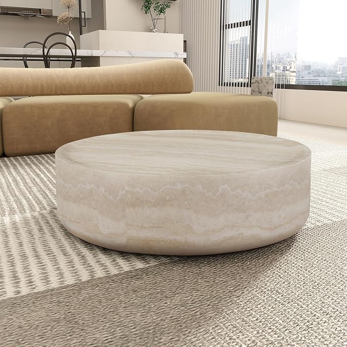 Round Mars Pattern Faux Marble Coffee Table, Modern Drum End Table for Living Room, No Assembly Required, Fiberglass Circle Coffee Table for Apartment (ø39.37" x 12")