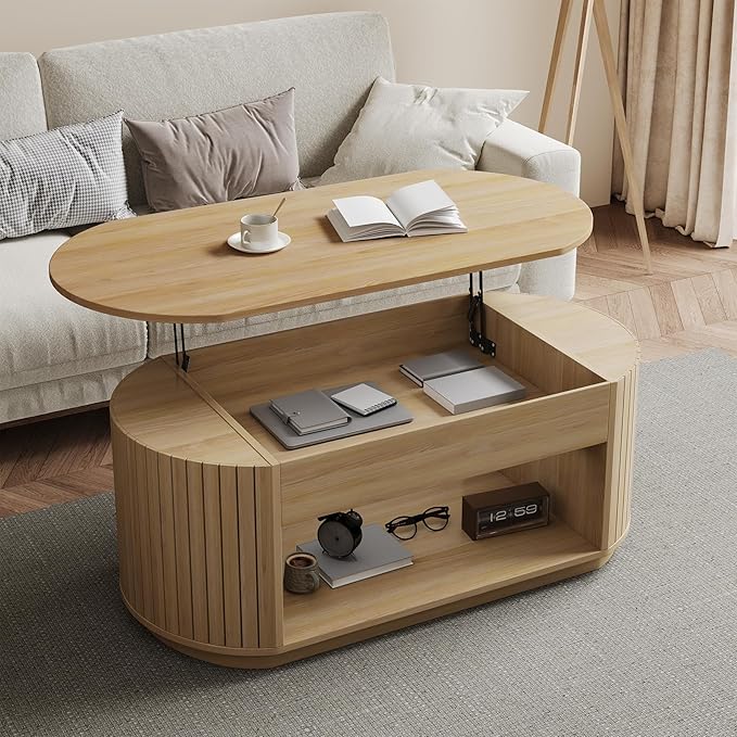 47-Inch Oval Lift Top Coffee Table with Storage Shelf for Living Room, Large Wooden Fluted Modern Center Table with 2 Tier Shelf, Modern Tea Tables with Hidden Compartment for Bedroom, Light Oak