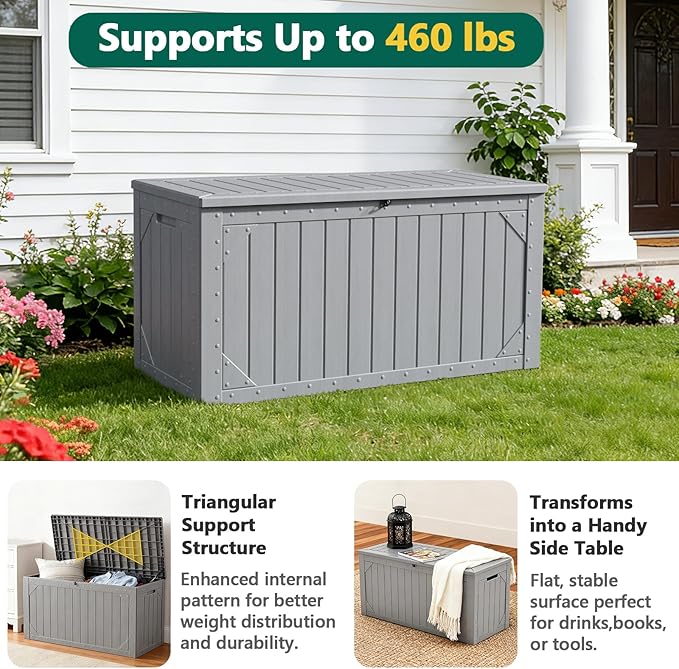 Outdoor Storage Box, 100 Gallon Deck Box Outdoor Storage Bench Outside Waterproof Resin Storage Bench, Lockable Patio Cushions, Garden Tools Storage For Furniture, UV Resistant (Gray)