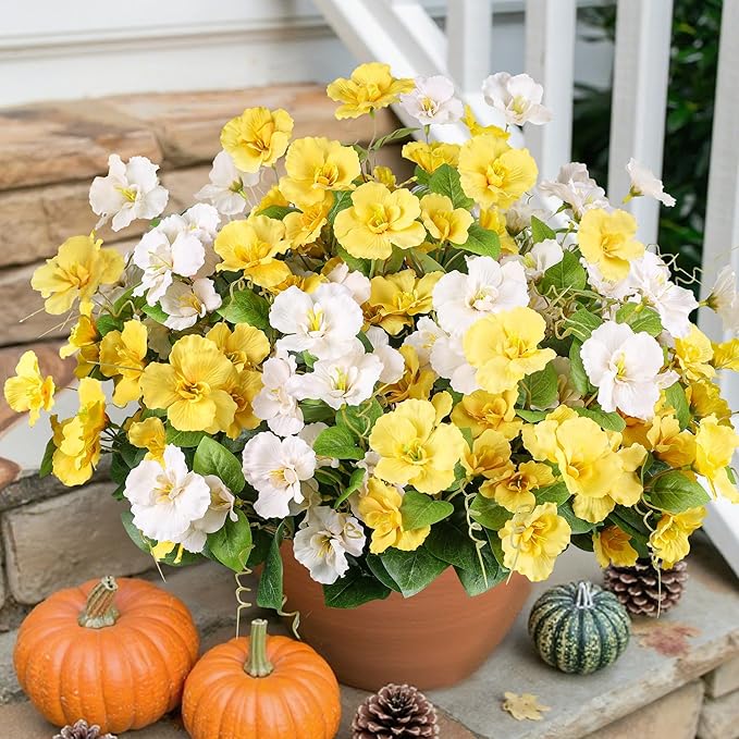 Hibiscus Artificial Flowers Plants for Outdoors Decoration, 6 Bundles Silk Bouquet Tropical Flowers Artificial Realistic UV Resistant Fake Flower for Outside Planter Porch Patio Balcony (Yellow White)