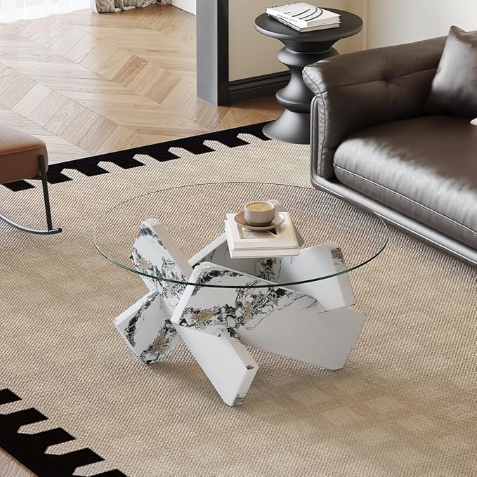 White Round Glass Coffee Table,33-Inch Coffee Tables for Living Room Clear Circle Accent Table Adapts to Farmhouse and Contemporary Decor