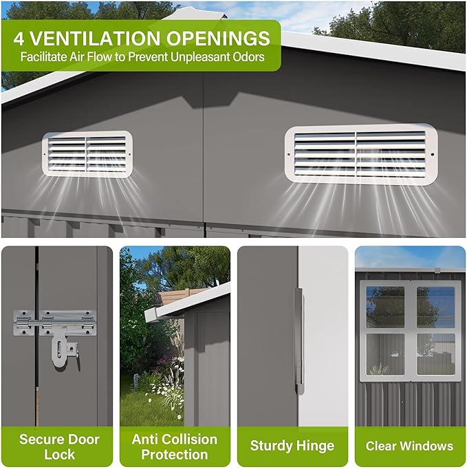 10x14 FT Outdoor Storage Shed, Large Metal Garden Shed with Side Door, Outside Tool Sheds with 2 Windows, Waterproof Storage Building with 4 Air Vents for Backyard, Patio, Lawn, Gray