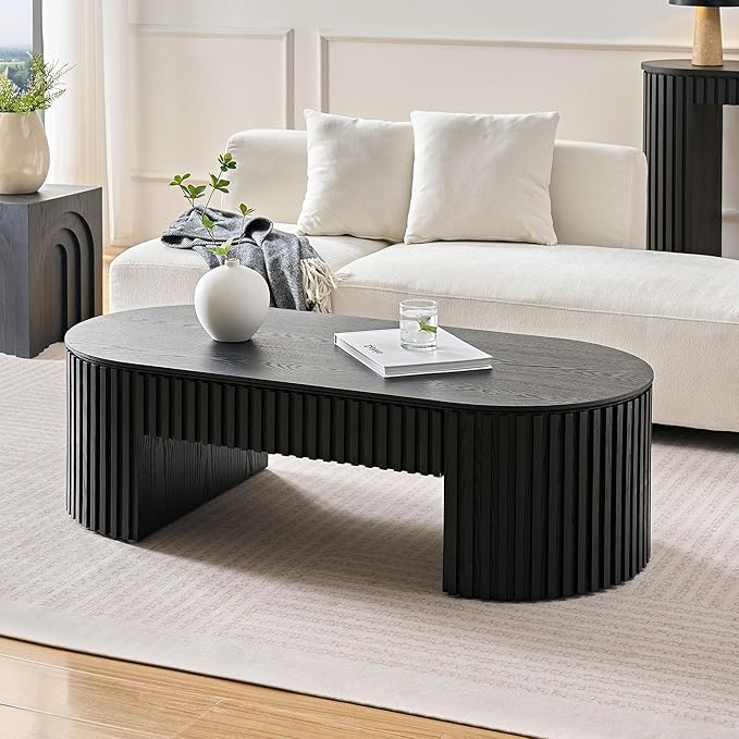WILLIAMSPACE 51.18" Black Oval Coffee Table with Drawer, Modern Luxury Wood Center for Living Room, Accent Side End for Apartment, 51.15" x 23.62" x 14.56" (Black)