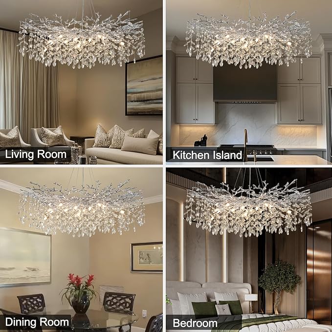 47" Silver Chandelier, 18-Light Modern Crystal Tree Branch Chandeliers, Luxury Round Chandelier for Dining Room, Living Room, Foyer, Entryway, Bedroom, Contemporary K9 Crystal Raindrop Light Fixture