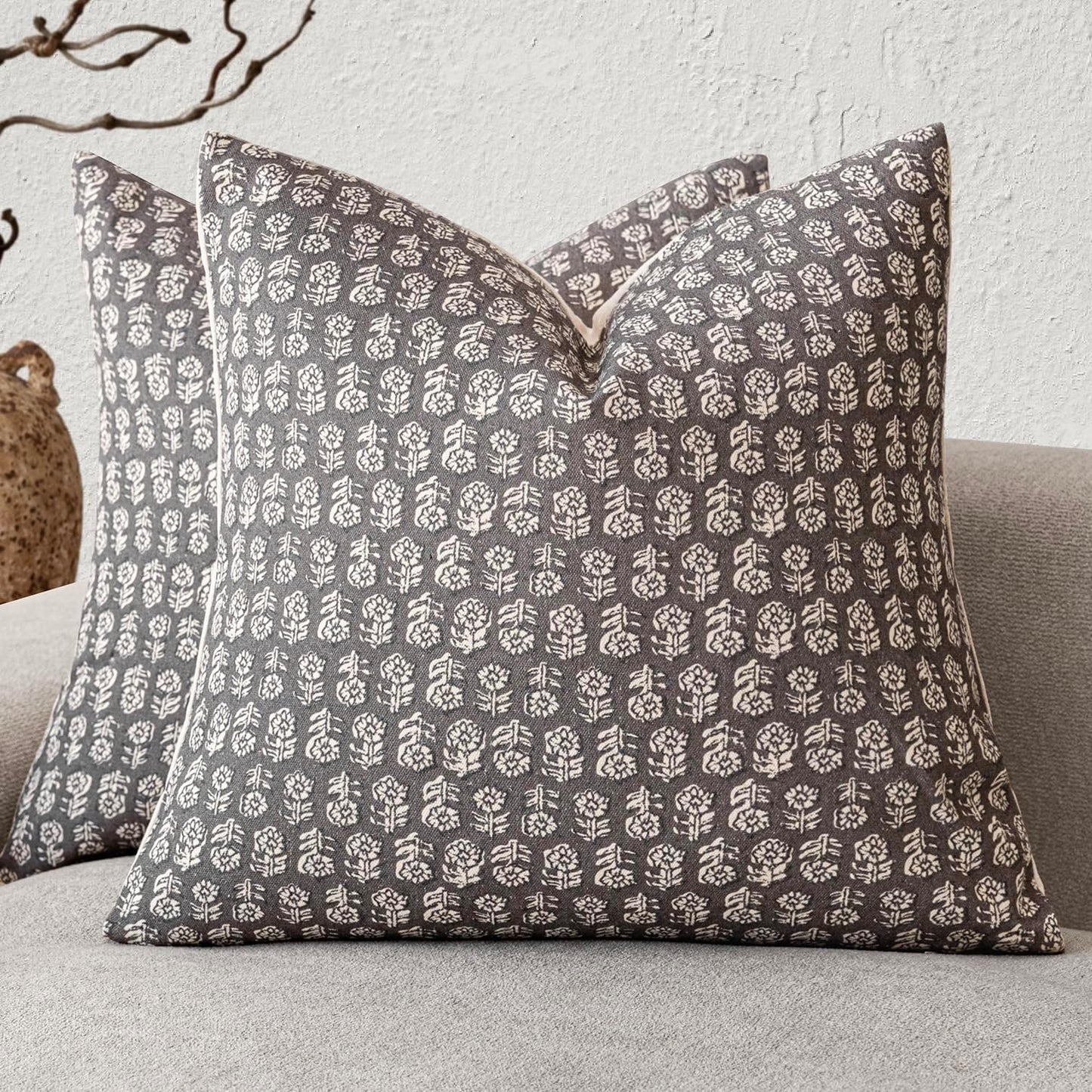 Foindtower Set of 2 Decorative Vintage Floral Print Throw Pillow Covers Neutral Modern Farmhouse Cushion Covers Boho Home Decor for Sofa Couch Chair Bedroom Living Room Outdoor,18×18 Inch,Rustic Gray