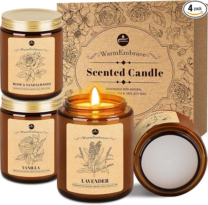 WarmEmbrace Lavender Candles, 4-Pack Scented Candle Set for Women, 7.6 oz Natural Organic Soy Wax in Glass Jar, 160 Hours Long-Lasting Burn, Perfect for Christmas Friend Birthday Gifting (4 Fragrance)