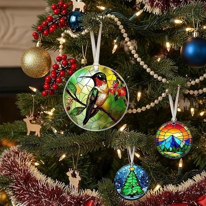 Christmas Ornaments 2025, Stained Glass Christmas Tree Decorations, Exchange for Women, Men, Collectible Dated Year Ornaments for Tree - Glass Hanging Ornament（Hummingbird）