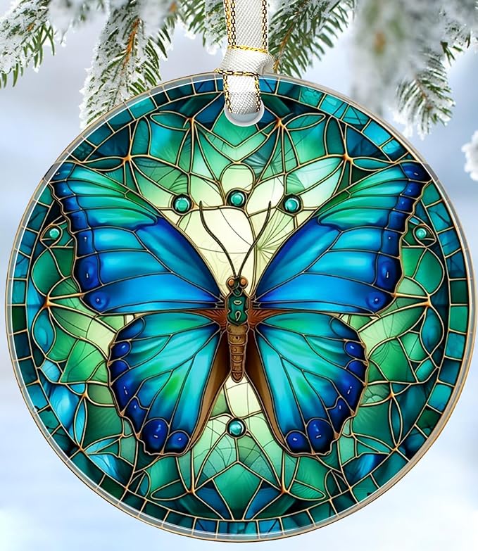 Christmas Ornaments 2025, Stained Glass Christmas Tree Decorations, Exchange for Women, Men, Collectible Dated Year Ornaments for Tree - Glass Hanging Ornamen（Butterfly）