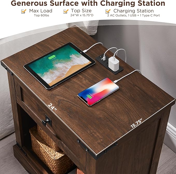 T4TREAM 24" Farmhouse Nightstand with Charging Station Set of 2, Large End Table with Drawer and Open Storage Cabinet, Rustic Wood Bedside Table Sofa Table for Bedroom, Dark Walnut
