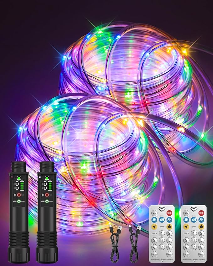 Rope Lights, Rechargeable 79FT 240LED Outdoor Waterproof String Lights with 1200mah Portable Rechargeable Battery, Timing & 8 Modes for Party Christmas Camping DIY Tree trampoline - Multicolor 2 Pack