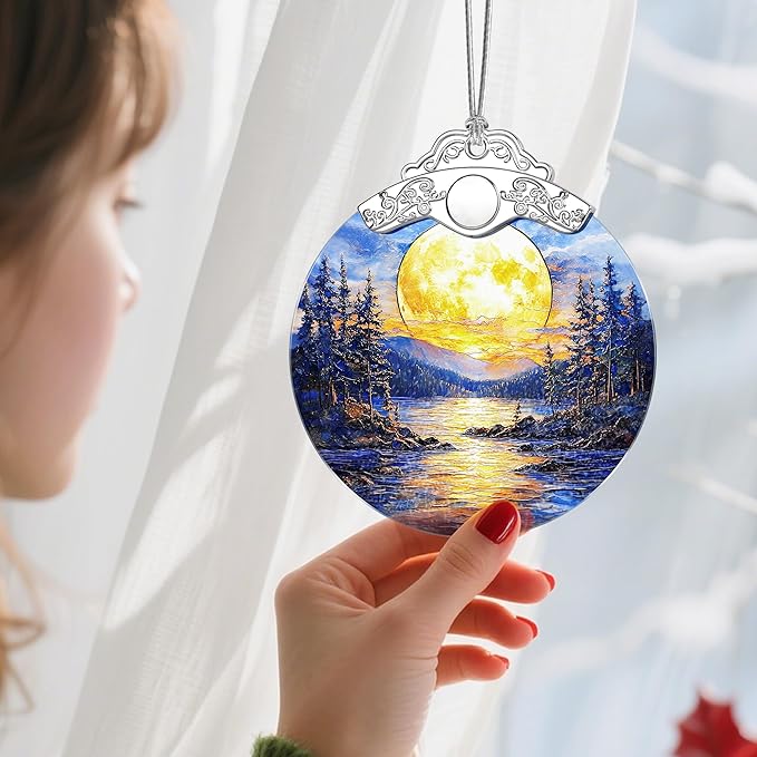 Christmas Ornaments: Stained Glass Ornament, Christmas Tree Ornament, Hanging Ornaments for Home Decor, Xmas Tree Decorations, Holiday Decor, Gift, Holiday Present - Full Moon Over Forest Lake