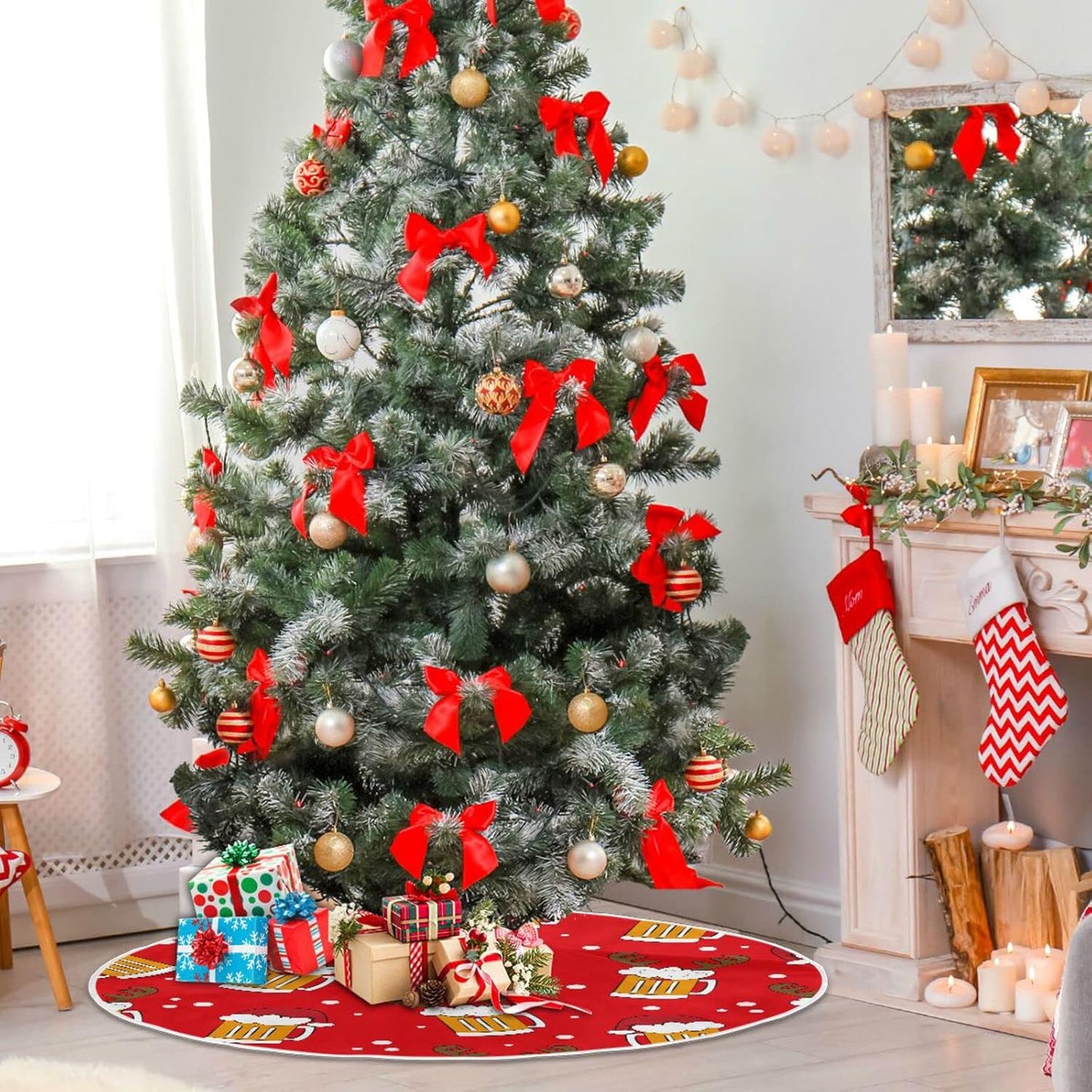 Christmas Funny Beer Tree Skirt, Seasonal Tree Mat Holiday Party Supplies Ornaments Indoor Outdoor Decorations for Tabletop Trees 47.2 Inches