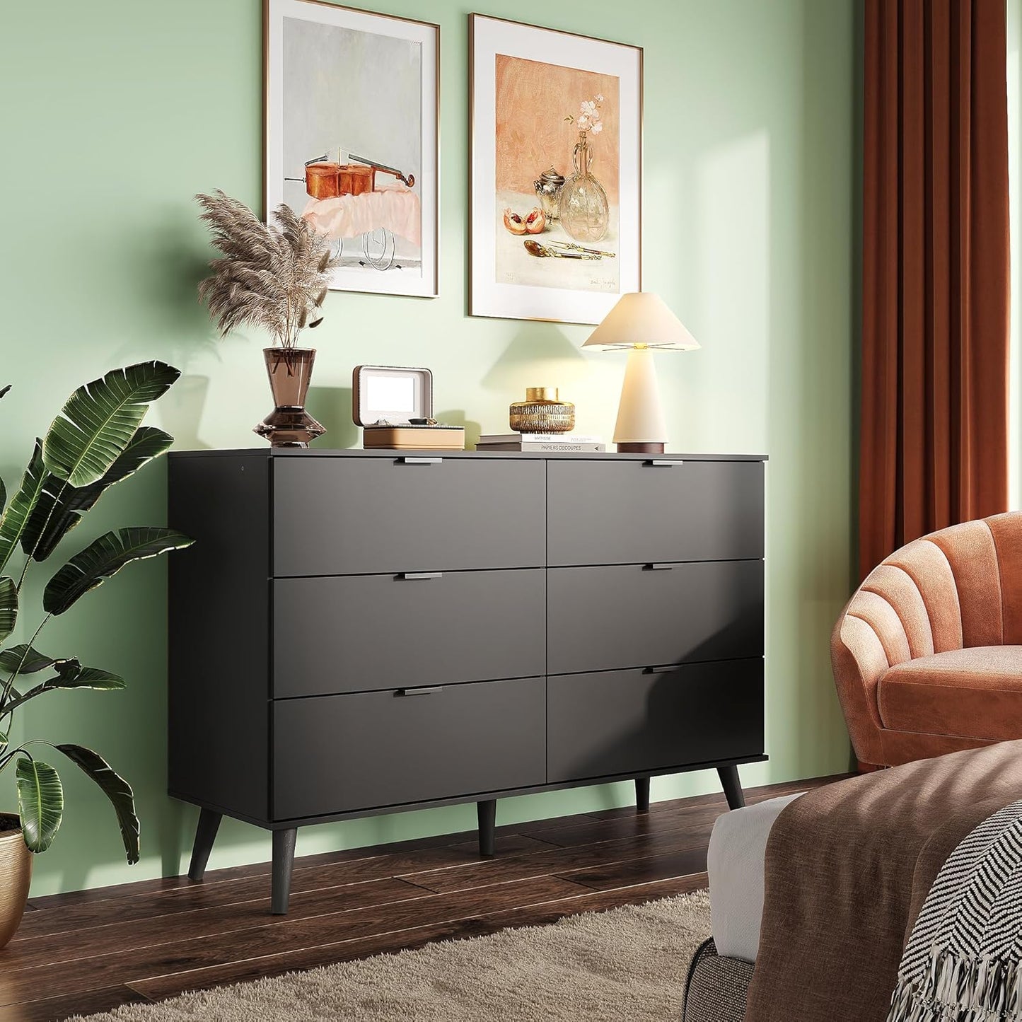 WLIVE Black Dresser for Bedroom, 47.24'' Wide 6 Drawer Wood Dresser Storage Organizer with Sturdy Metal Handle, TV Stand for 55 inch TV, Chest of Drawers for Living Room, Hallway, Closet