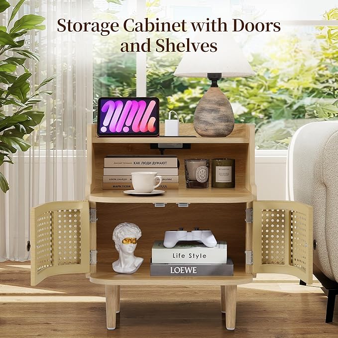 Metal Rattan End Table with Charging Station, Mid Century Modern Nightstand with 2 Doors, Bed Side Table with Storage for Couch,Living Room,Small Spaces, Sofa Side Table for Office,Dorm - Natural