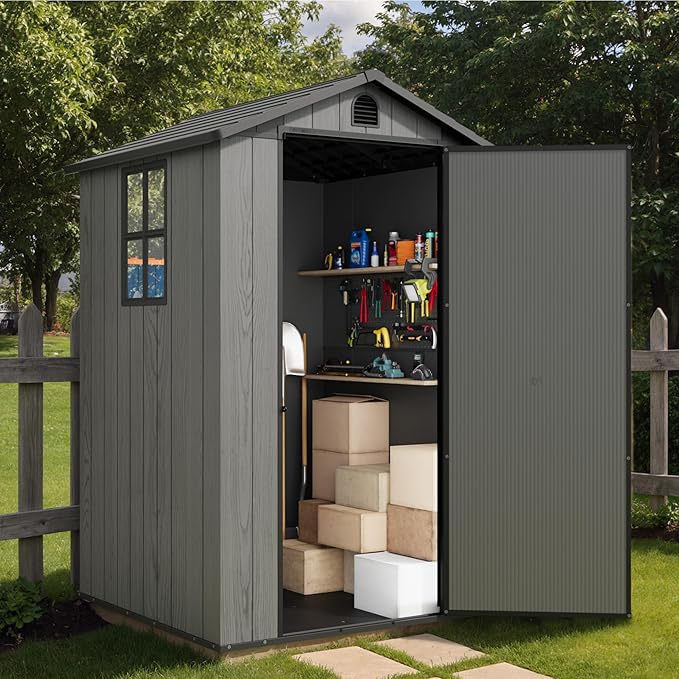Greesum 4x4FT Plastic Storage Shed with Floor, Resin Outdoor Storaged Sheds with Lockable Door, All Weather Durable Tool Shed with Window and Vent, for Garden, Backyard, Patio, Dark Gray