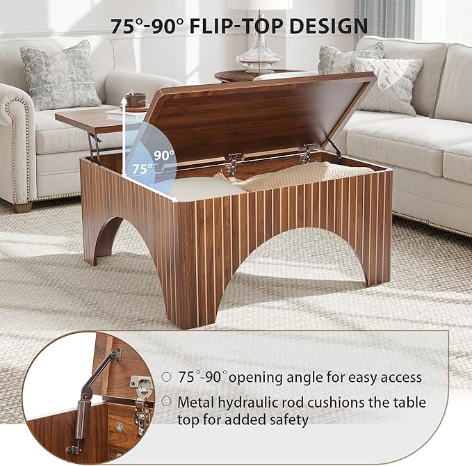 39'' Square Coffee Table with Storage, Farmhouse Lift Top Coffee Table for Living Room Fluted Wood Center Table Arched Dining Table with 2 Hidden Storage Compartment (Walnut)