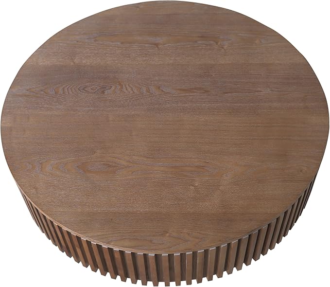 39" Round Coffee Table with Hidden Storage Compartment, Modern Handcraft Fluted Drum Coffee Table, Wooden Circle Center Table Cocktail Tea Table with Sturdy Pedestal for Living Room, Walnut