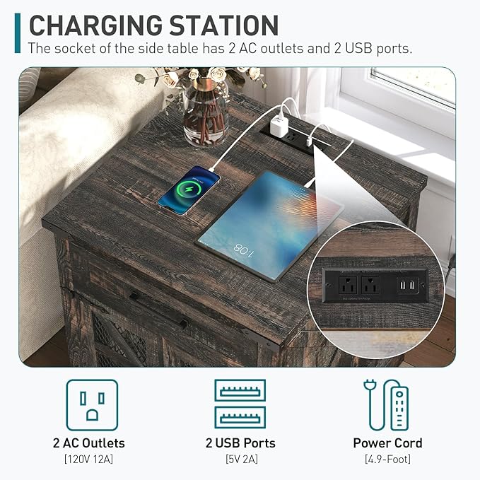 Farmhouse End Table with Charging Station, 24" Large Sofa Side Table with Drawer, Large End Table for Living Room, Wooden Nightstand with Outlet, Square, Dark Rustic Oak