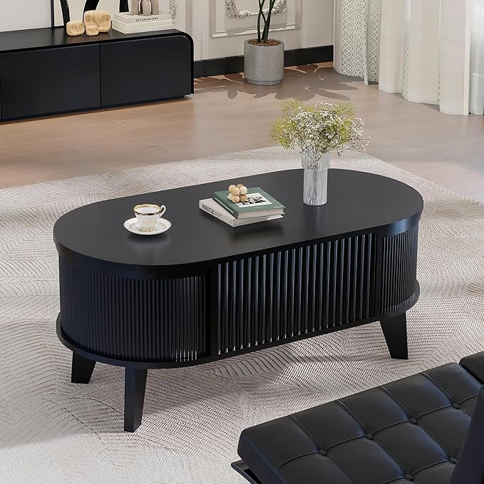 LYNCOHOME Fluted Lift Top Coffee Table with Storage,Modern Oval Coffee Table for Living Room or Home Office(Black)