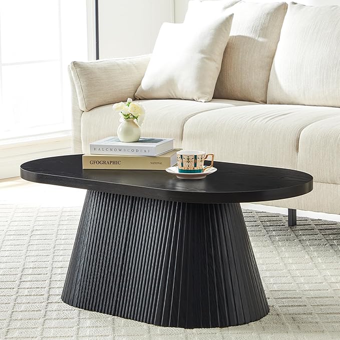 Fluted Coffee Table with Sturdy Tapered Base, Wood Oval Small Coffee Table, Mid Century Modern Center Table for Living Room Office (Black 1)