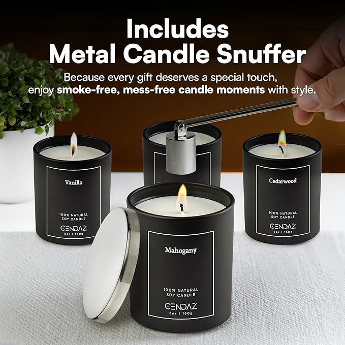 Mens Candle Set 4 Pack with Snuffer Included Soy Scented Candles for Men Vanilla Cedarwood Mahogany Sandalwood 120h Total Burn Luxury Gift for Bedroom Black Home Decor Masculine Aroma Jar Candle Kit