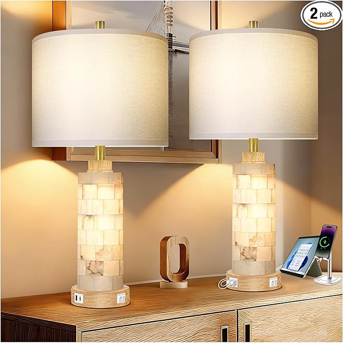 27" Natural Alabaster And Wood Table Lamp Set of 2 With Night Light Nightstand Lamps With USB Ports White Linen Fabric Shade Bedside Lamp Decor For Living Room Bedroom Home Office Hotel Bar House