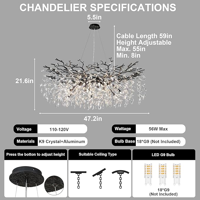 YUYI 47" Black Chandelier, 18-Light Modern Crystal Tree Branch Chandelier, Luxury Round K9 Crystal Raindrop Chandeliers Light Fixture for Dining Room, Living Room, Foyer, Entryway, Bedroom, Kitchen