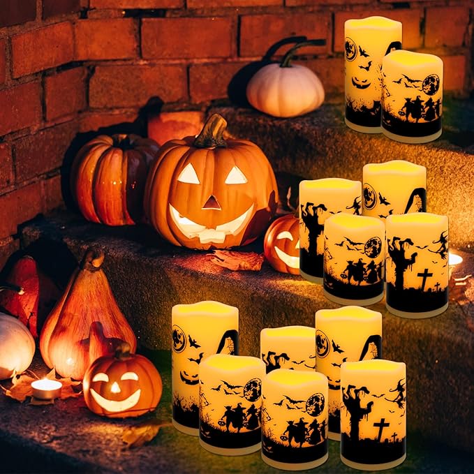 12-Pack Halloween Ink Painting Large Electronic Waxes with Remote Control, Flameless LED Candles for Halloween Spooky, Halloween Ambient Sense Artifacts.