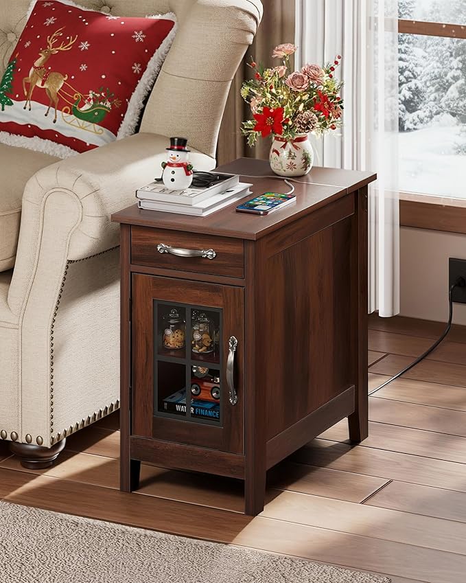 WLIVE End Table with Charging Station, Narrow Side Table for Living Room, Farmhouse Night Stand with Storage, Small Wooden Cabinet Nightstand with USB Ports and Outlets, 23.7" D x 13.78" W x 23.7" H