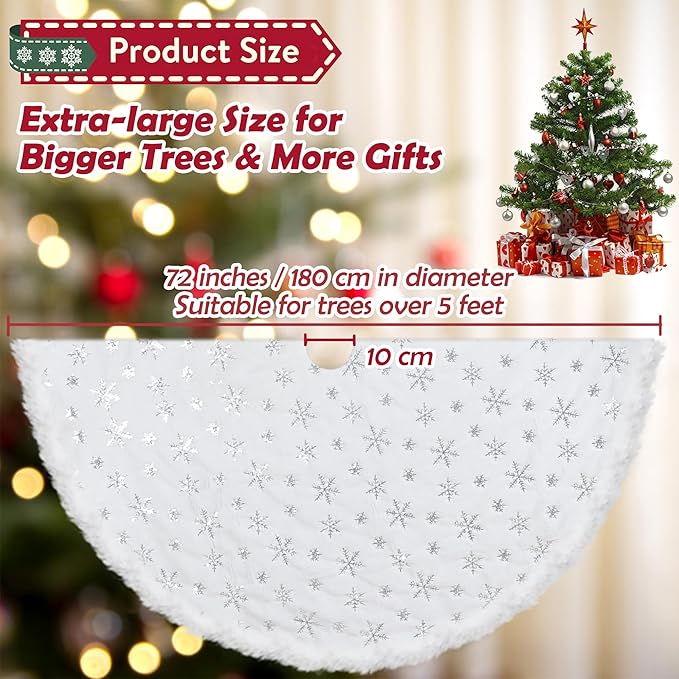 Christmas Tree Skirt 72 Inch, Silver Snowflake White Christmas Tree Decorations Indoor Sequin Tree Collar Faux Fur Plush Rug Xmas Large Mat Decor Ornaments for 7.5ft-13ft Tree