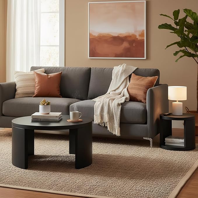 Round Coffee Table Set of 2, Nesting Coffee Tables with Storage,Living Room Table Set,Modern Wood Center Table for Living Room,Apartment,31.5" & 18" Coffee Table Set,Black