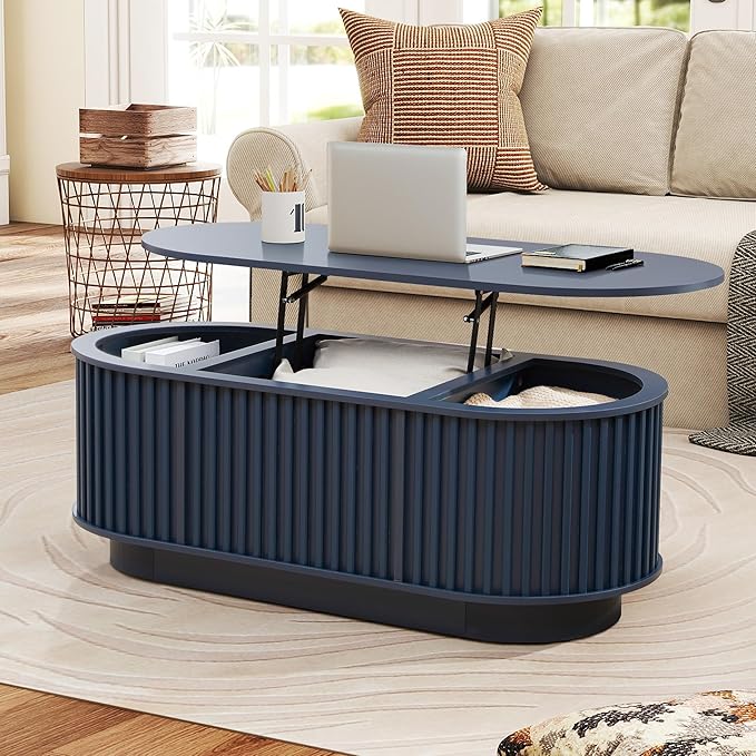 Oval Lift Top Coffee Table with Storage, 43.3”Mid Century Modern Center Table with Hidden Compartment, Fluted Wooden Lift Tabletop Dining Table for Living Room Apartment Home Office,Blue