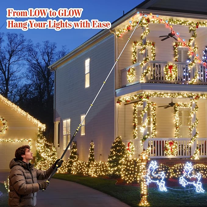 7-30 FT Christmas Light Telescopic Hanger Pole with Utility Hook, Stand Reach 30 Feet Long 3/4 inch Threaded Pole Reaching High Place for Hanging and Installation Lights String, Clothes and Birdfeeder