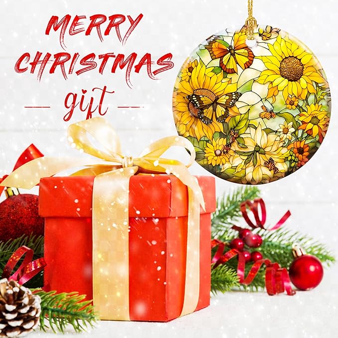 Stained Ceramic Butterfly with Sunflower Christmas Hanging Ornament for Tree Decorations Ideas