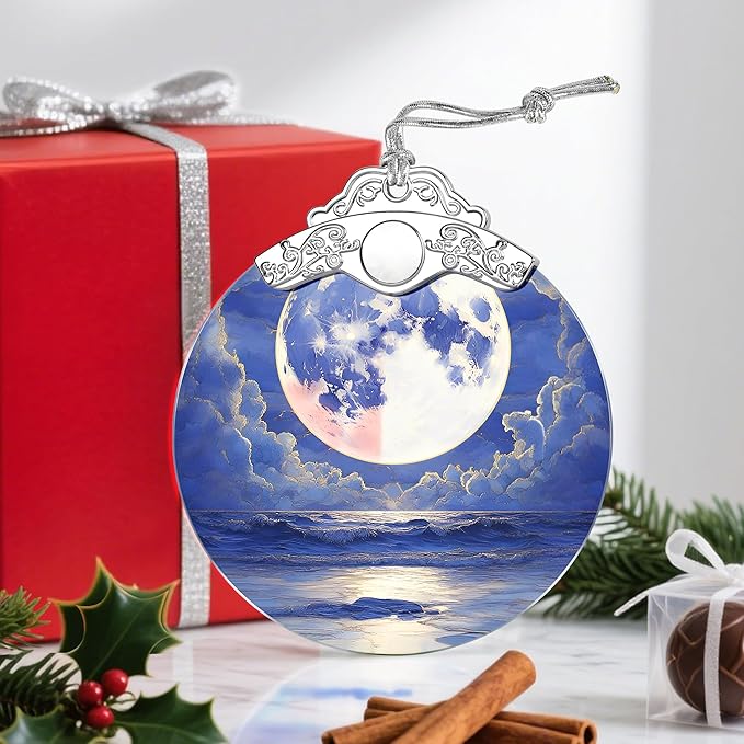 Christmas Ornaments: Stained Glass Ornament, Christmas Tree Ornament, Hanging Ornaments for Home Decor & Xmas Tree Decorations – Holiday Decor, Gifts & Holiday Present - Full Moon Over Ocean