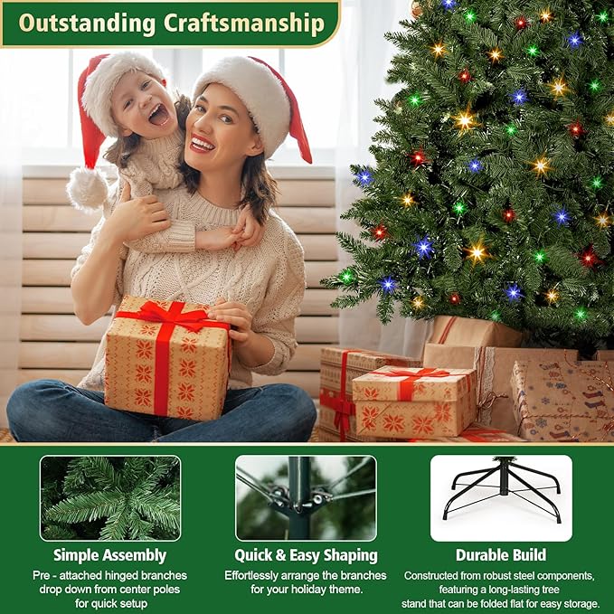 6 FT Pre-Lit Artificial Christmas Tree with 250 Warm White & Multi Lights - 1000 Branch Tips Hinged Spruce for Indoor Outdoor Home Christmas Decorations