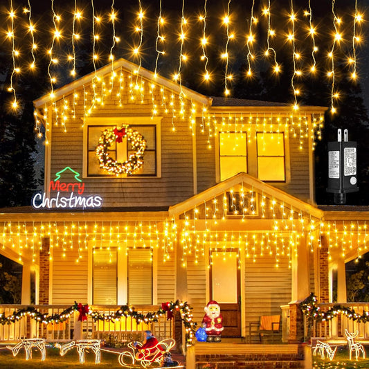 Icicle Lights for Outside 33ft 400 LED Icicle Christmas Lights Outdoor 8 Modes with 75 Drops, Plug in Christmas Light Waterproof for Indoor Holiday Wedding Xmas Decorations, Warm White
