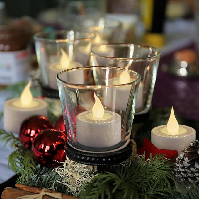 FURORA LIGHTING White Glitter LED Tealight Candles Pack of 12, Flameless Flickering Tealight Candles for Home Décor, 1.5’’(W) x 1.65’’(H), Battery Operated