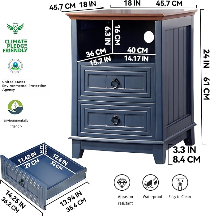 Farmhouse Nightstand, 24" Wooden Couch Side Table with 2 Drawers & Open Shelf, Rustic End Table for Bedroom & Living Room, Bedside Space-Saving Accent Storage Cabinet (Blue)