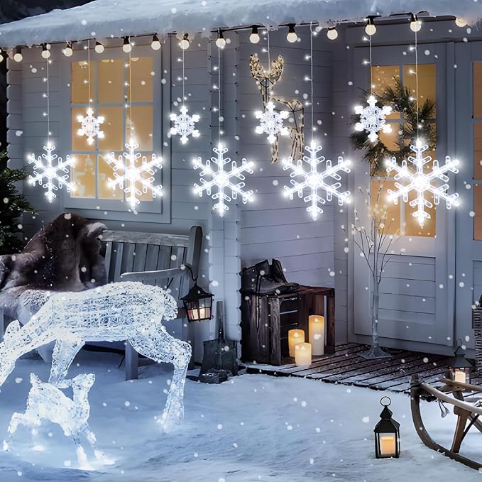 Christmas Snowflake Lights Decorations, 5.3FT Remote&Time 8 Light Mode with Battery Powered 112 White LED Window Curtain Lights for Tree, Eaves, Garden, Yard, Indoor Outdoor Xmas Lamp Decor