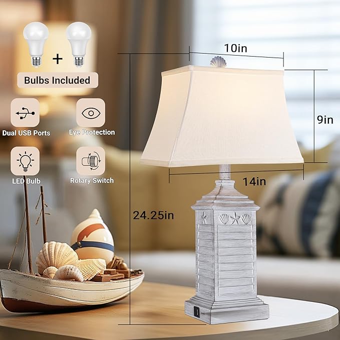 Hamucd Coastal Table Lamps Set of 2, Beach Living Lamps for Bedroom with USB A+C, Antique Grey Modern Resin LED 3-Color Temperature Bedside Nautical Decor, Nightstand Tropical Lamps for End Table.