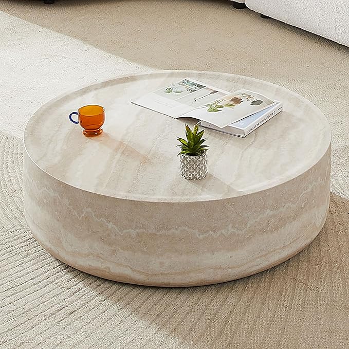 Round Mars Pattern Coffee Table for Living Room Modern Faux Stone Coffee Tables for Apartment, No Need Assembly, Fiberglass Material Faux Travertine Textured Marble Pattern (ø35.43" x 12")