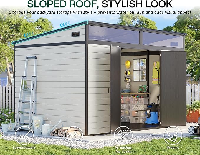 Jocisland 10x7x6.7 FT Outdoor Resin Storage Shed with Floor & Double Doors, Sloped Roof Garden Shed with Skylight Panels, Window & Vents, Waterproof UV-Resistant Tool Sheds for Garden, Lawn, Backyard