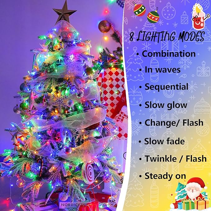 YEGUO 165ft 500 LED Christmas Lights Outdoor Waterproof, Clear Wire String Lights Indoor Plug in, 8 Modes Twinkle Tree Light Multicolor