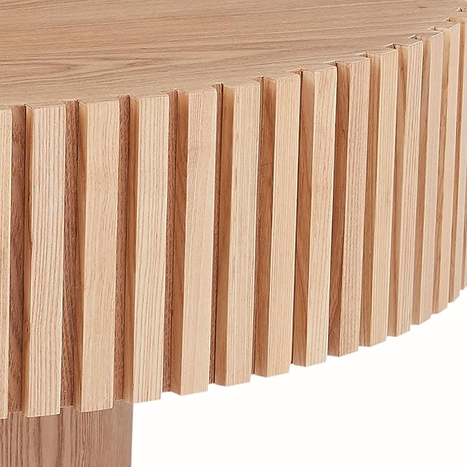 31.49" Modern Round Coffee Table,Sturdy MDF Material Pedestal Base,Fluted Wood Top,Luxury Drum Accent Table for Living Room,Kitchen,Apartment (Natural Ash,Round+Ø31.49 x13.97)