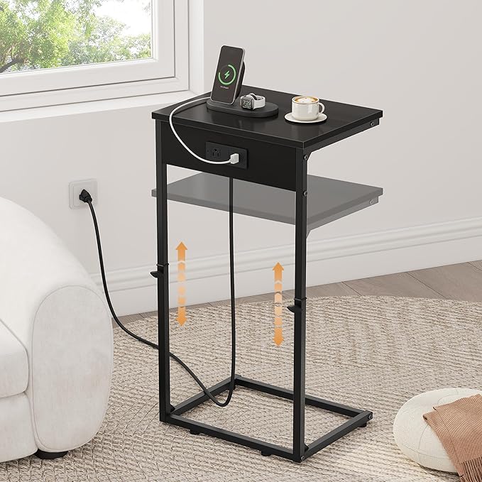 Vagusicc C Shaped End Table with Charging Station, Adjustable Height Side Table for Couch,Small Side Table Small Spaces, 33.2'' Tall Couch Tables that Slide Under, Tv Tray Table for Living Room, Black