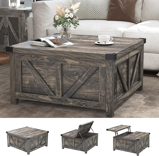 Farmhouse Lift Top Coffee Table with Storage, Wood Square Center Table with Charging Station&USB Port, Living Room Table w/Large Hidden Space, for Living Room, Bedroom, Home Office, Dark Grey